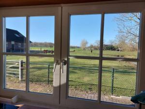 uitzicht op een veld vanuit een raam bij Tiny house Wakker in Eemnes