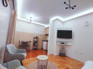 - un salon avec un canapé et une télévision murale dans l'établissement Studio Apartman Lukavica, à Sarajevo