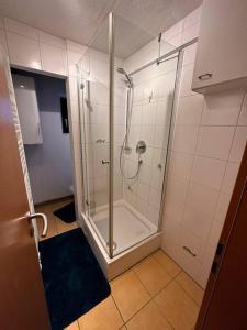 y baño con ducha y puerta de cristal. en Zimmervermietung Hirschmann Nürnberg/Messe en Núremberg