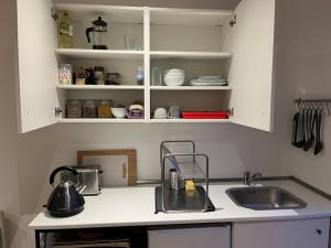 uma cozinha com um lavatório e uma bancada em Garden studio in Bradford on Avon em Bradford on Avon
