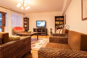 uma sala de estar com sofás e uma televisão em Cheerful 4-bedroom & kids friendly home em Predeal