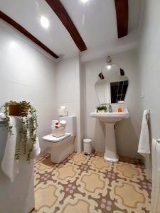 uma casa de banho com um lavatório, um WC e um espelho. em Cal Passió em Vimbodí