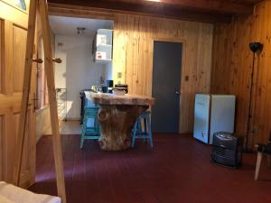 聖何塞德邁波的住宿－Campito Refugio，厨房配有大木桌和冰箱。