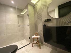 a bathroom with a shower and a stool and a mirror at JP CRAUFORD HOSPEDAGEM LORENA in São Paulo