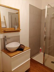 a bathroom with a bowl sink and a shower at plein coeur du quartier du Panier . Chaleureux T2. in Marseille