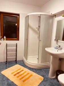 uma casa de banho com um chuveiro e um lavatório. em Cheerful 4-bedroom & kids friendly home em Predeal