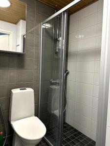 a bathroom with a toilet and a glass shower at Quality Apt in the City Center For 5 - BRAND NEW in Rovaniemi