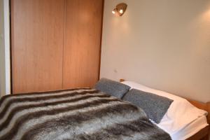 um quarto com uma cama com um cobertor em VAUJANYLOCATIONS - COCHETTE 1 APT 2 em Vaujany