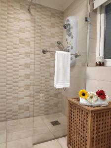 un bagno con doccia con porta in vetro di Cheerful 3 bedroom town house with garage free parking inside or outside with back yard and roof a Sliema