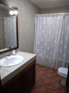 a bathroom with a sink and a toilet and a shower curtain at Casa de los Arcos in Mocanal