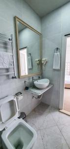 een badkamer met een wastafel, een toilet en een spiegel bij Qala Hotel in Baku