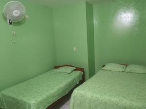 2 camas en una habitación con paredes verdes en Hospedaje OMAR, en Rioja