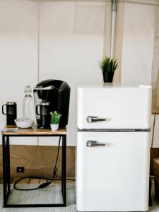 a white refrigerator next to a table with plants on it at Timberline Glamping at Unicoi State Park in Helen