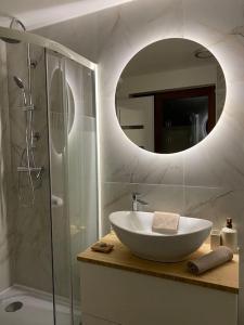 ein Bad mit einem Waschbecken und einer Dusche mit einem Spiegel in der Unterkunft Garden House in Roudnice nad Labem