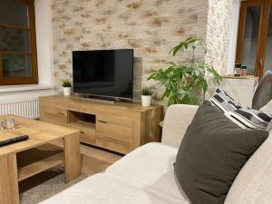 uma sala de estar com televisão num centro de entretenimento em madeira em Garden House em Roudnice nad Labem