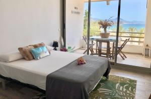 a bedroom with a bed and a view of the ocean at Estudio Playa Muchavista in El Campello
