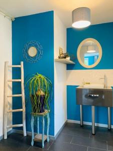 拉尼翁的住宿－Logement indépendant,calme à 2 pas du centre ville，浴室设有蓝色的墙壁、梯子和水槽