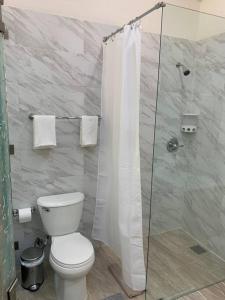 uma casa de banho com um WC e um chuveiro em Mountain Lodge Estate em Los Gatos