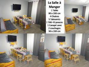 quatro fotografias de uma sala de jantar com mesas e uma televisão em Appartement 8-10 personnes SUPERDEVOLUY Hautes Alpes REZ DE CHAUSSÉE Vue panoramique 3 CHAMBRES em Le Dévoluy