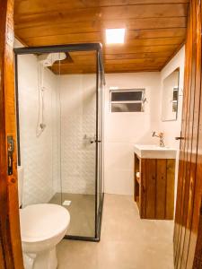 a bathroom with a shower and a toilet and a sink at Cabanas Invernada de Cima in São Joaquim