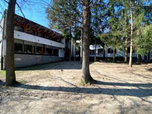 un edificio con dos árboles delante de él en Penzión Jazmín, en Prašice