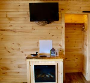 uma sala de estar com lareira e uma televisão de ecrã plano em The Sundowner on Lake George em Lake George