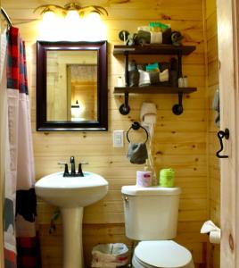 uma casa de banho com um lavatório, um WC e um espelho. em The Sundowner on Lake George em Lake George