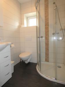 een badkamer met een douche, een toilet en een wastafel bij Hotel Yel in Ludwigshafen am Rhein