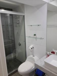 Encantador apartamento en Miraflores في ليما: حمام ابيض مع مرحاض ودش