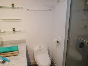 Encantador apartamento en Miraflores في ليما: حمام مع مرحاض ودش زجاجي