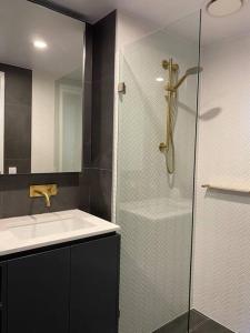 a bathroom with a glass shower and a sink at Central Canberra City apartment with study and full amenities including parking in Canberra