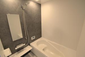 a bathroom with a tub and a sink and a mirror at Myoko Apartments in Akakura