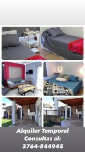 un collage de cuatro fotos de un dormitorio en Hermoso duplex en barrio cerrado en Posadas
