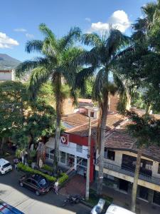 uitzicht op een straat met palmbomen en een gebouw bij Casa Gloria in Medellín