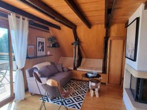 salon z kanapą i kominkiem w obiekcie Chalet équipé 6 personnes avec cheminée et animaux admis - FR-1-393-159 w mieście Saint-Michel-de-Chaillol