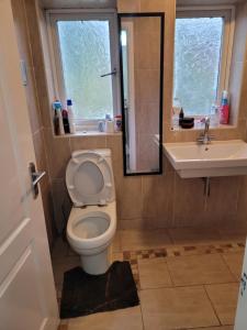 a bathroom with a toilet and a sink and a mirror at No 6 Decent Home (Cozy double bedroom) in Ashton under Lyne