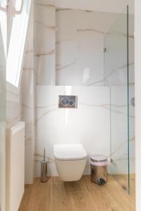 uma casa de banho com WC e uma câmara na parede em Almi of Naxos em Naxos Chora
