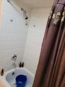 a bathroom with a tub and a shower curtain at Extended Stays Home in Markham