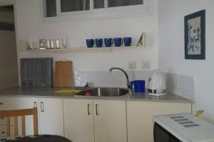 uma cozinha com um lavatório e uma bancada em har nof apartment em Jerusalém