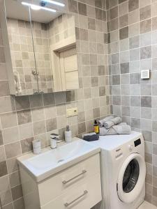 a bathroom with a washing machine and a sink at Central apartment in Vilnius
