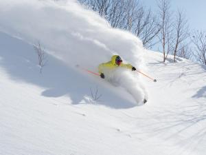 a man riding skis down a snow covered slope at Park Hyatt Niseko Hanazono in Niseko