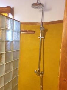a shower in a bathroom with a yellow door at villa nosy détente in Nosy Be