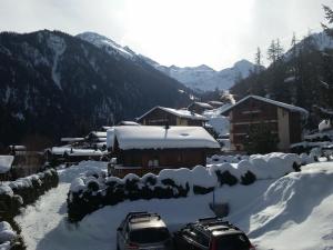 two cars parked in a yard covered in snow at Chalet du Bourg in La Tzoumaz