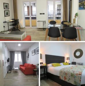 セビリアにあるLiving Sevilla Apartments Hérculesのベッドとリビングルーム付きのホテルルームの写真2枚