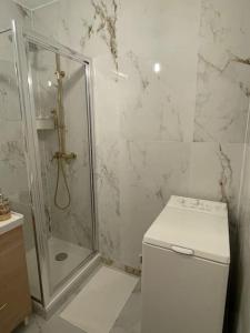 ein weißes Bad mit einer Dusche und einem WC in der Unterkunft Superbe appartement au cœur de La Défense in Courbevoie