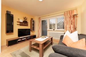 a living room with a couch and a tv and a table at Appartement Imelda in Umhausen