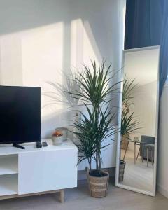 ein Wohnzimmer mit einem TV und einer Topfpflanze in der Unterkunft Superbe appartement au cœur de La Défense in Courbevoie