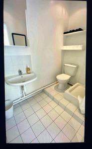 La salle de bains est pourvue d'un lavabo et de toilettes. dans l'établissement Cute one bedroom in Le Marais, à Paris