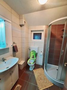 a bathroom with a toilet and a sink and a shower at Vrnačka Banja Apartman Paeonia in Vrnjci