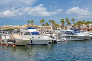 a group of boats docked in a harbor with palm trees at Apartamento a 2 minutos de playa in Cala Blanca